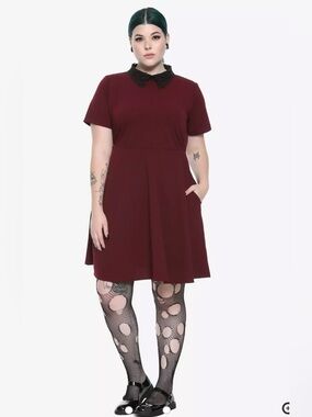Hot Topic Burgundy & Black Lace Collar Skater Dress Plus Size 3